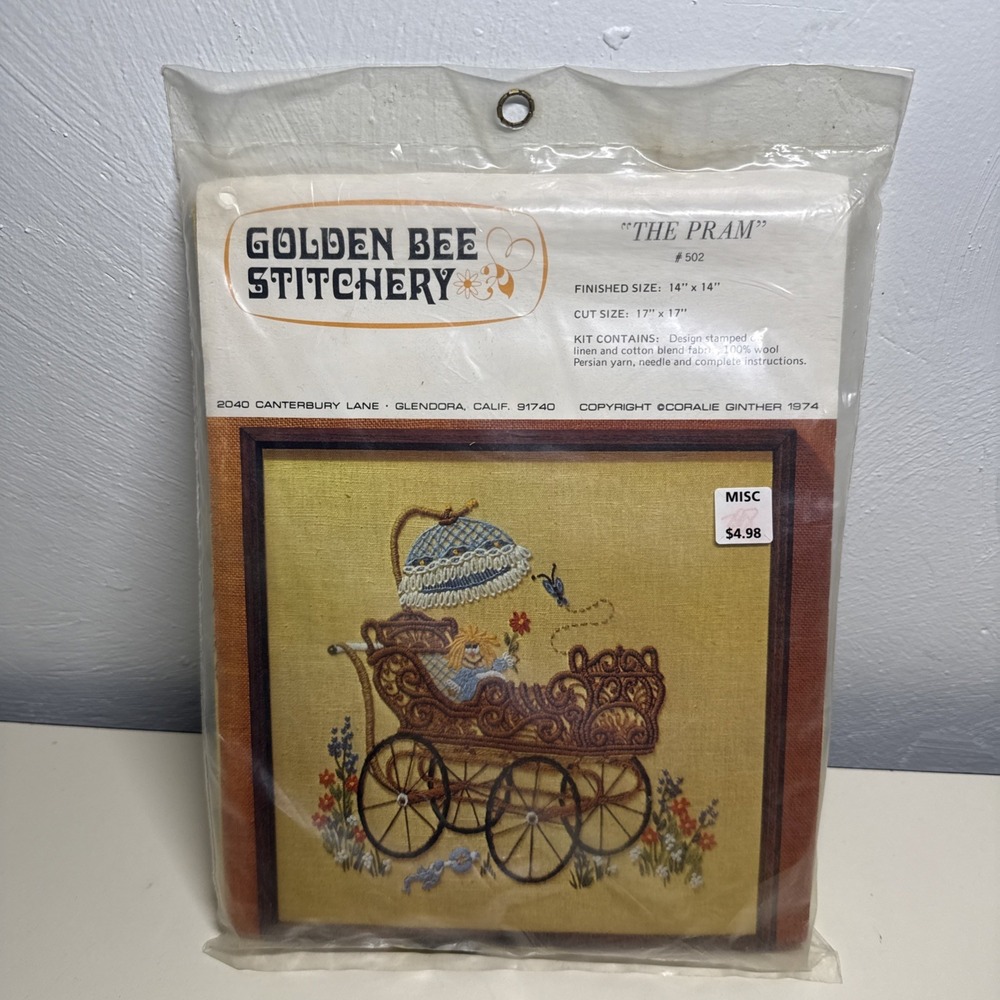 Golden Bee Stitchery Rocker #502 Crewel Embroidery Kit 14"/14" Framed Vntg 1974